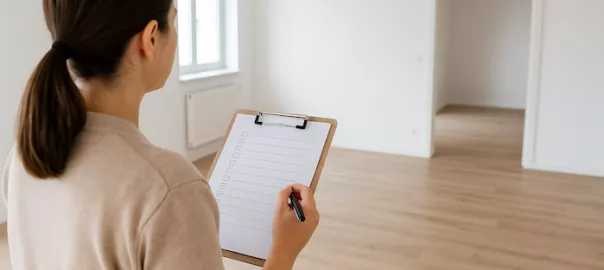 “Person inspekterar ren lägenhet med checklista vid flyttstäd – noggrann kontroll inför besiktning och överlämning till hyresvärd eller ny ägare”