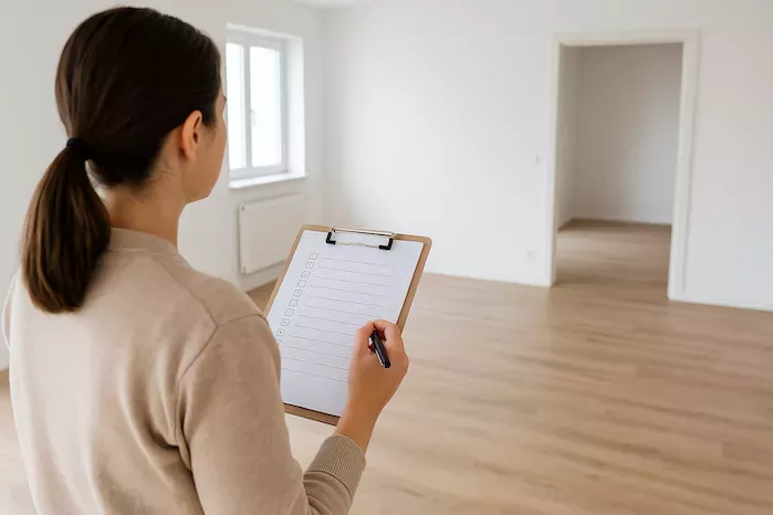 “Person inspekterar ren lägenhet med checklista vid flyttstäd – noggrann kontroll inför besiktning och överlämning till hyresvärd eller ny ägare”